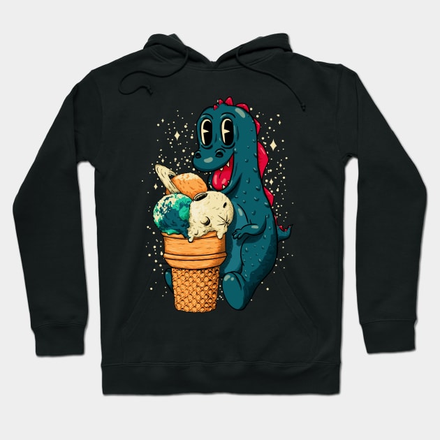 Treat Yo Self - Baby Dino Eating Triple Planet Scoop Ice Cream Cone Hoodie by anycolordesigns